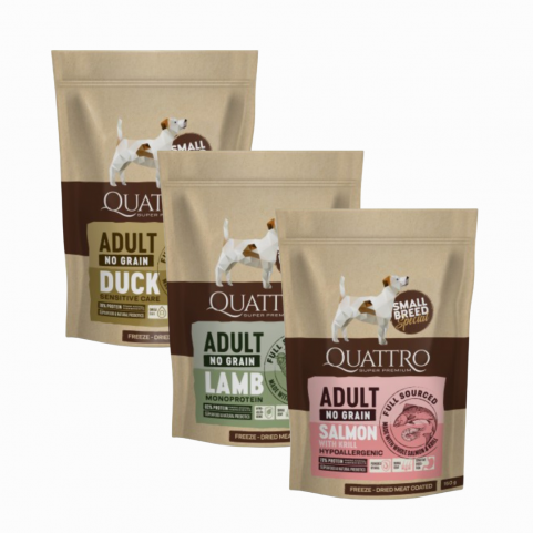 Quattro Adult Duck, Lamb, Salmon Small Breed корм для дорослих собак дрібних порід з качкою, ягням та лососем 150 г *3 смаки
