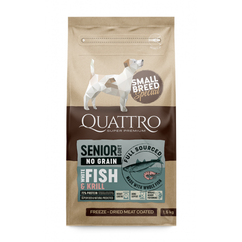 Quattro Senior&Diet Fish Small Breed корм для собак дрібних порід від 10 років та собак з надмірною вагою з білою рибою та крилем 1,5 кг
