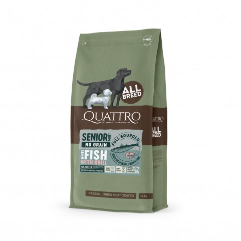 Quattro Senior Diet All Breed Fish&Krill беззерновий корм для собак усіх порід віком від 10 років та собак з надмірною вагою з білою рибою та крилем 12 кг